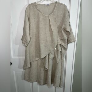 Stella Milani 100% Linen Asymmetric Lagenlook Artsy Boho Dress Tunic Ruffle M